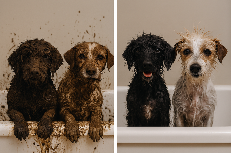 Afbeelding van twee honden voordat ze in bad gingen en hoe ze na het badderen eruit zien.