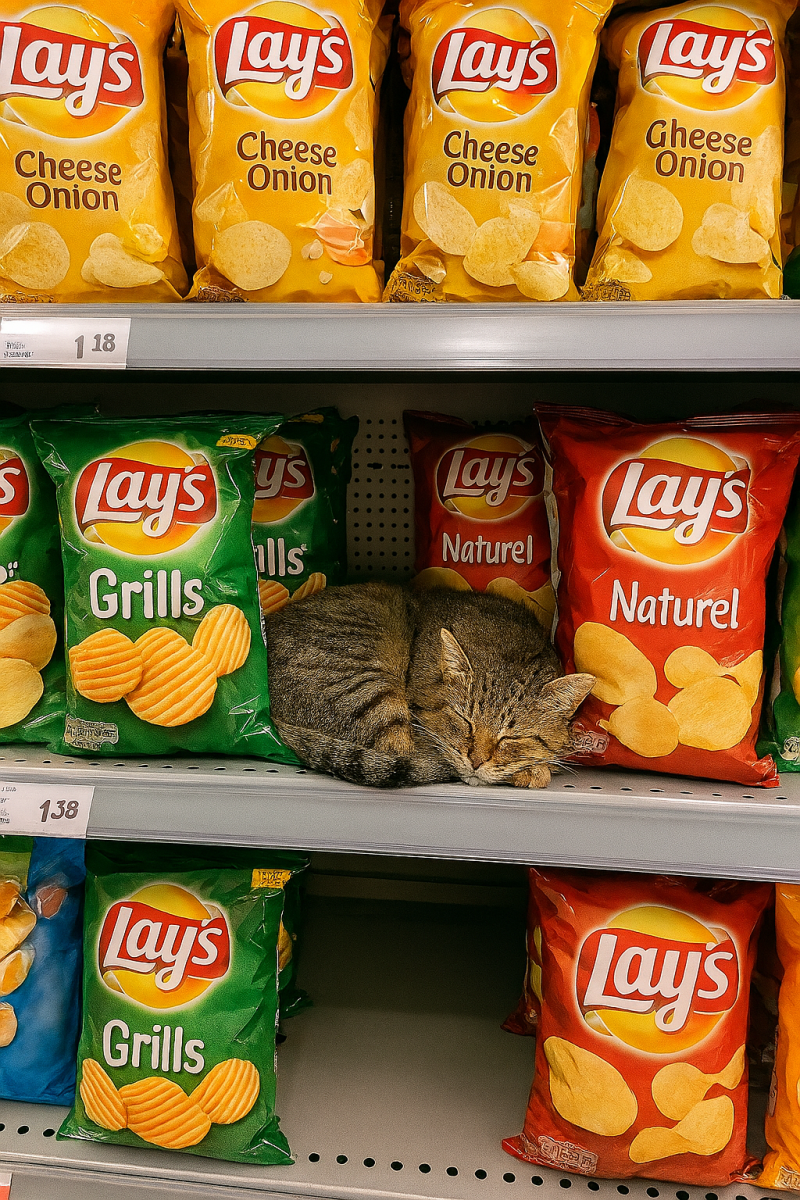 Afbeelding van een kat tussen zakken chips.