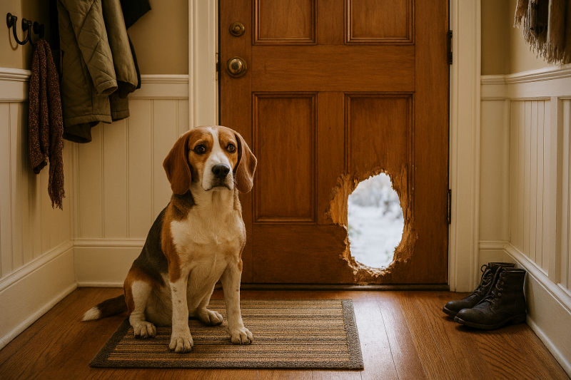 Afbeelding van een hond die een gat in de deur heeft gemaakt.