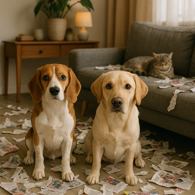 Afbeelding van twee honden en een kat met een parelketting om haar nek..