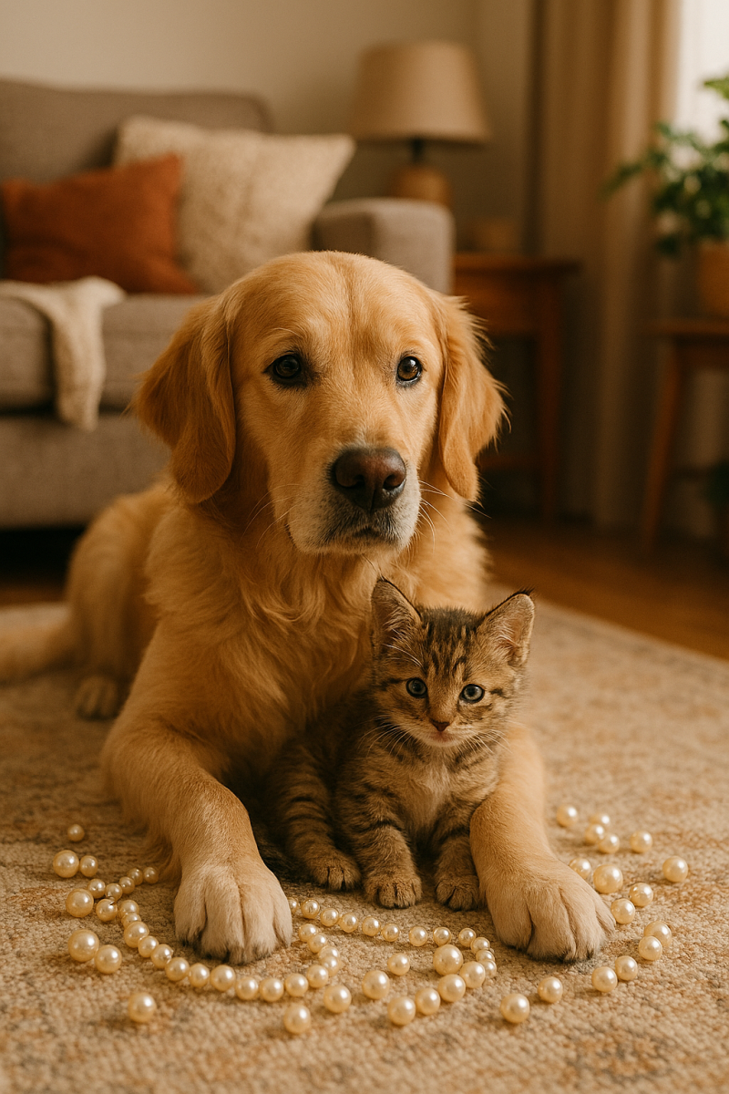 Afbeelding van een hond met een kitten.