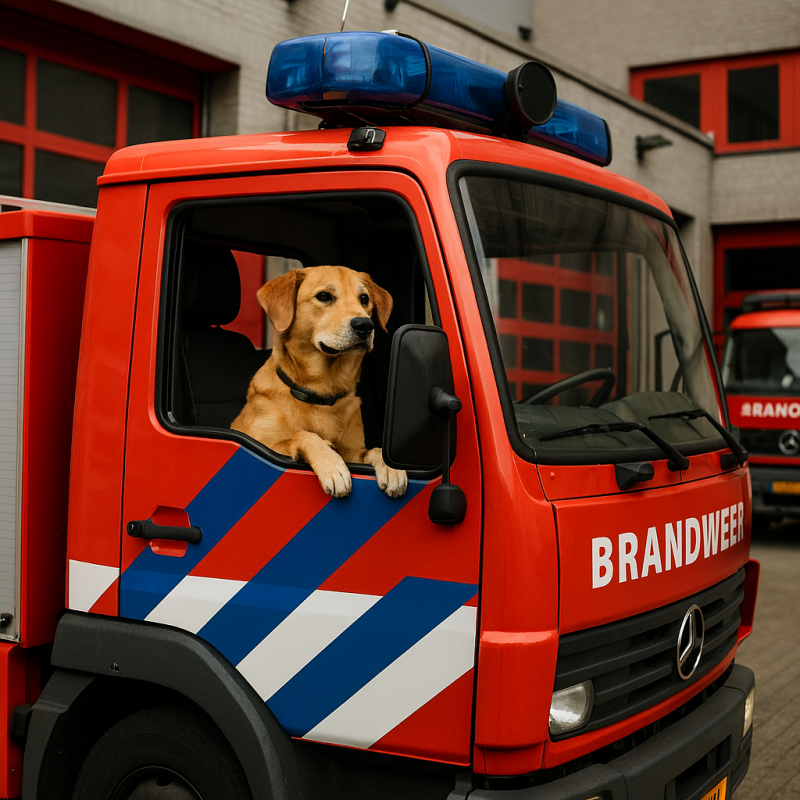 Afbeelding van een hond in een brandweerauto.