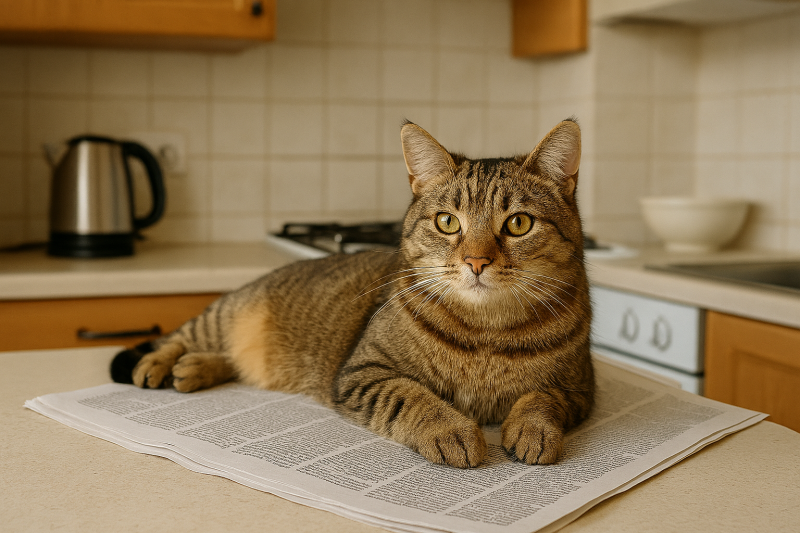 Afbeelding van een kat op het aanrecht.