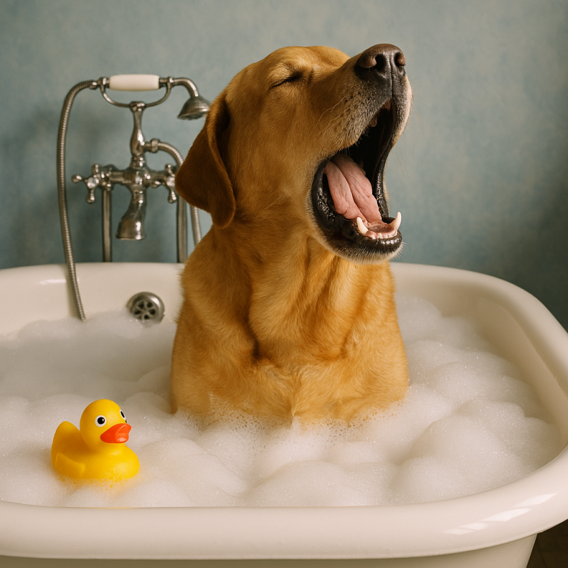 Afbeelding van een vals zingende hond met zijn rubber eendje.