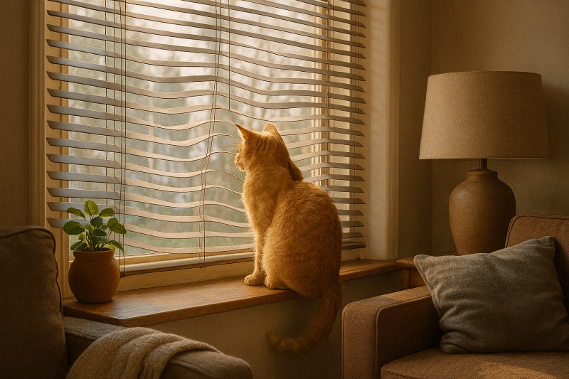 Afbeelding van een kat achter een raam.