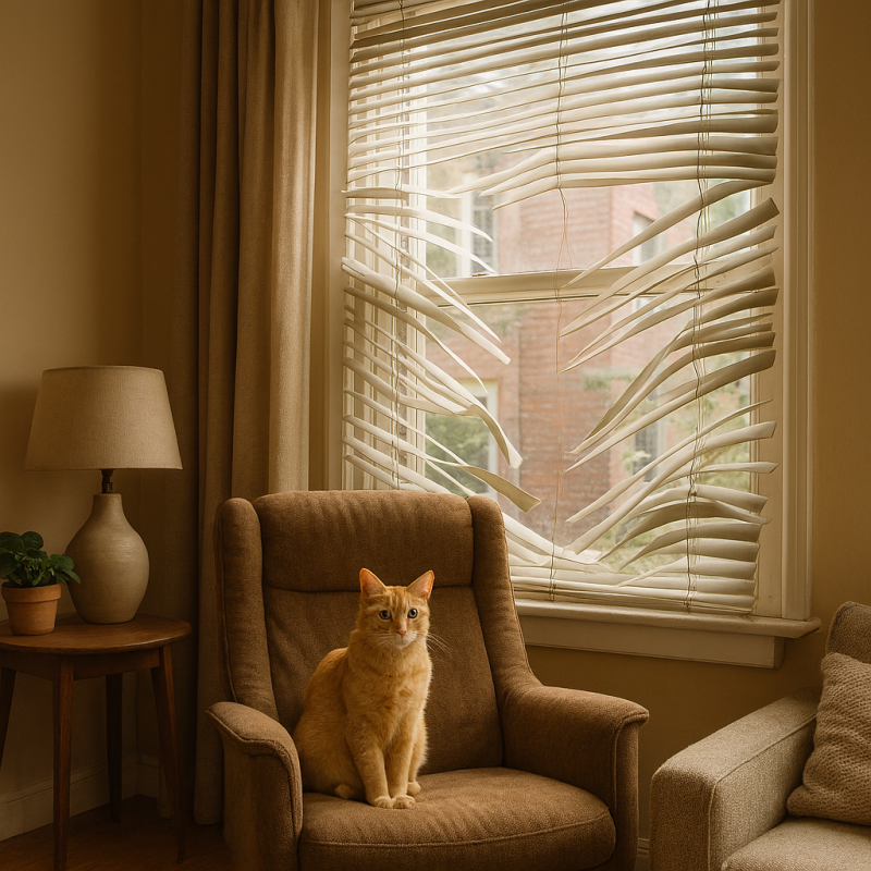 Afbeelding van een kat op een stoel.