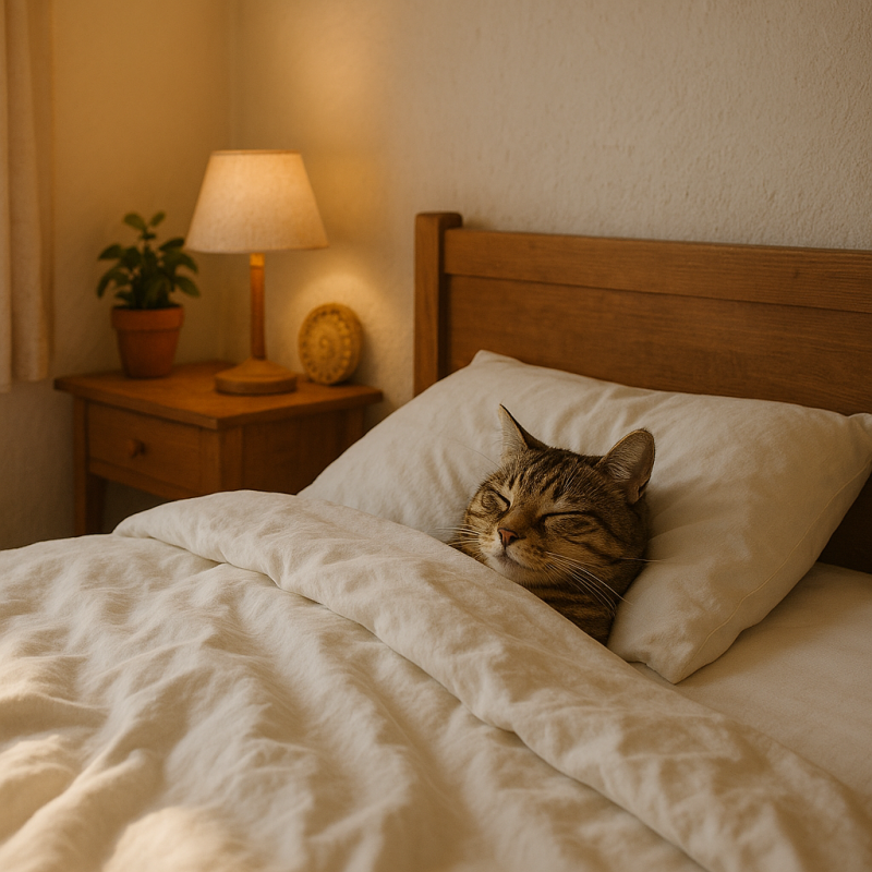 Afbeelding van een kat in bed.