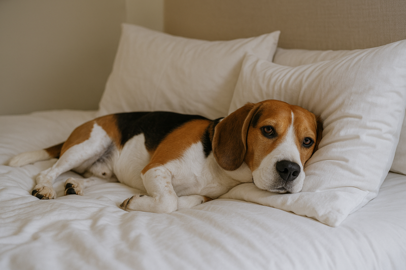 Afbeelding van een hond op bed.