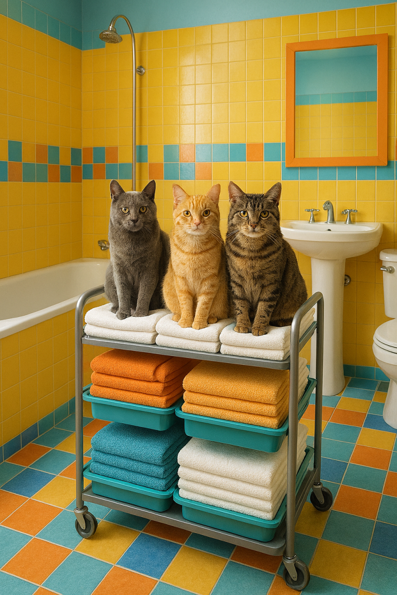 Afbeelding van drie katten in een badkamer.