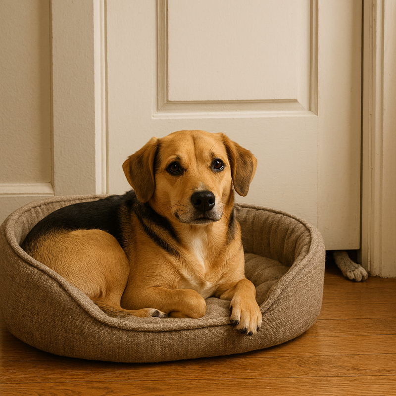 Afbeelding van een hond die de kat heeft opgesloten.