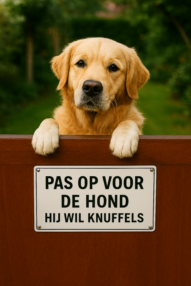 Afbeelding van een hond die knuffels wil.