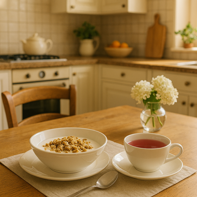 Afbeelding van een klassieke keuken met op de ontbijttafel een kom yoghurt met cruesli en een kop thee.