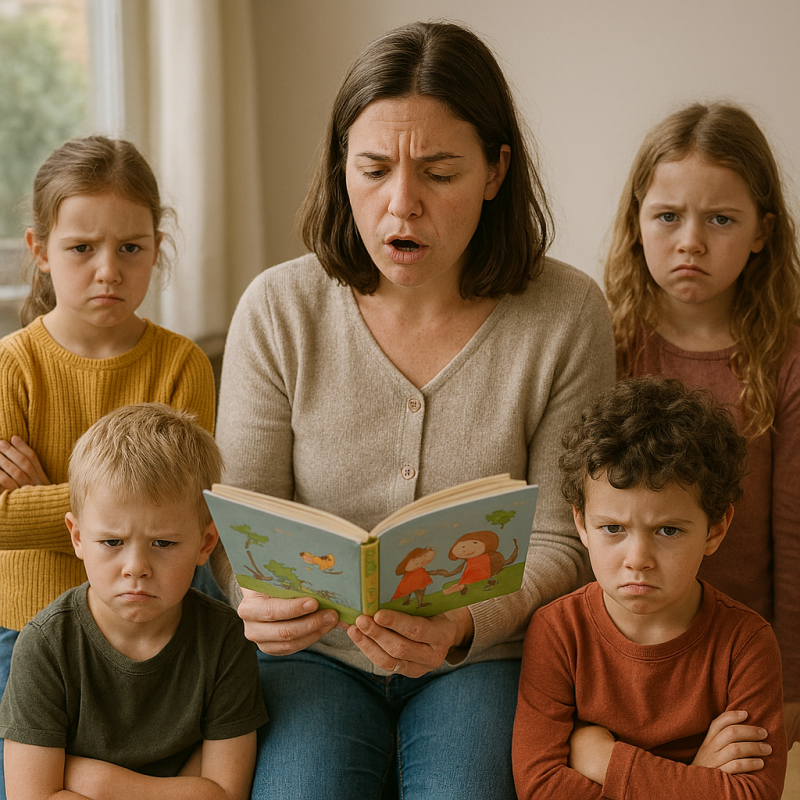 Afbeelding van een voorlezende vrouw met boze kinderen om haar heen.