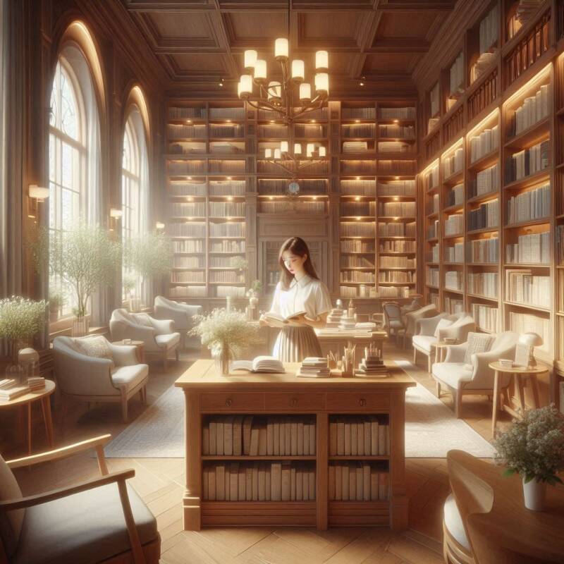 Afbeelding van een vrouw in een bibliotheek.