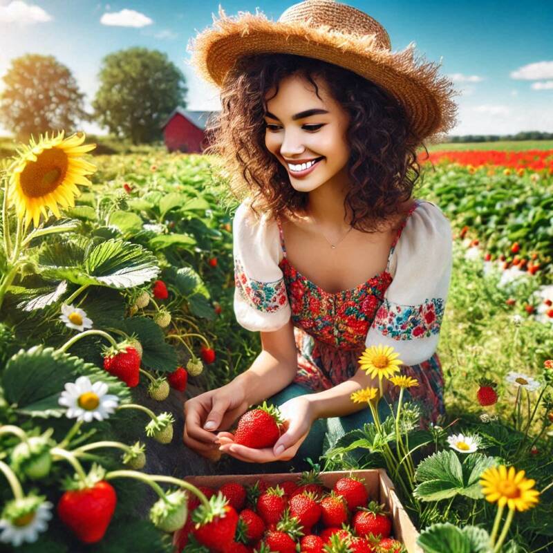Vrouw die aardbeien plukt.