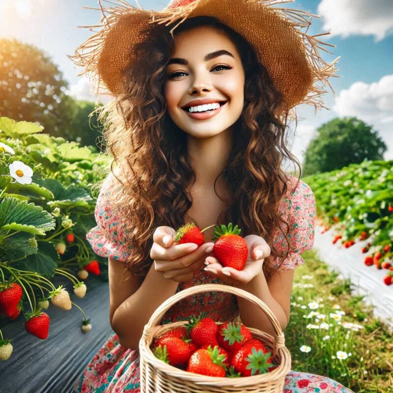 Afbeelding van een vrouw met aardbeien.