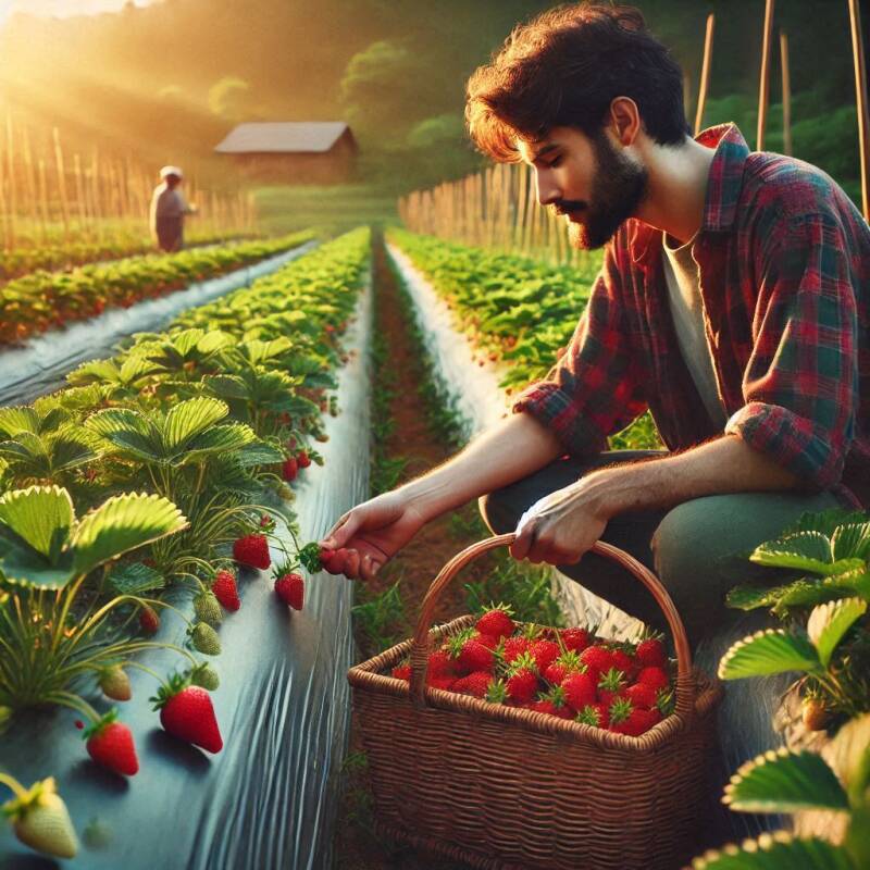 Man die aardbeien plukt.
