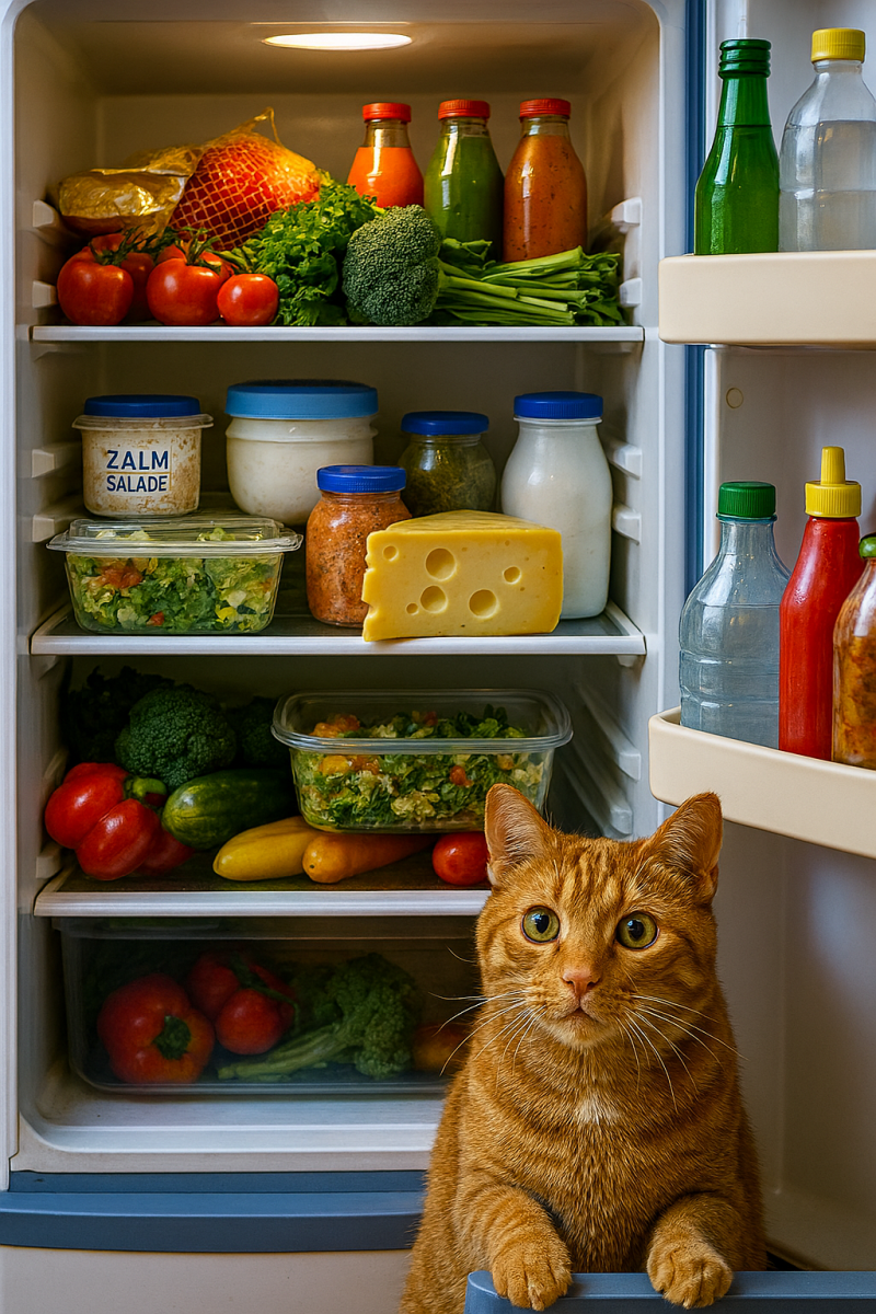 Afbeelding van een kat die in de koelkast zit.