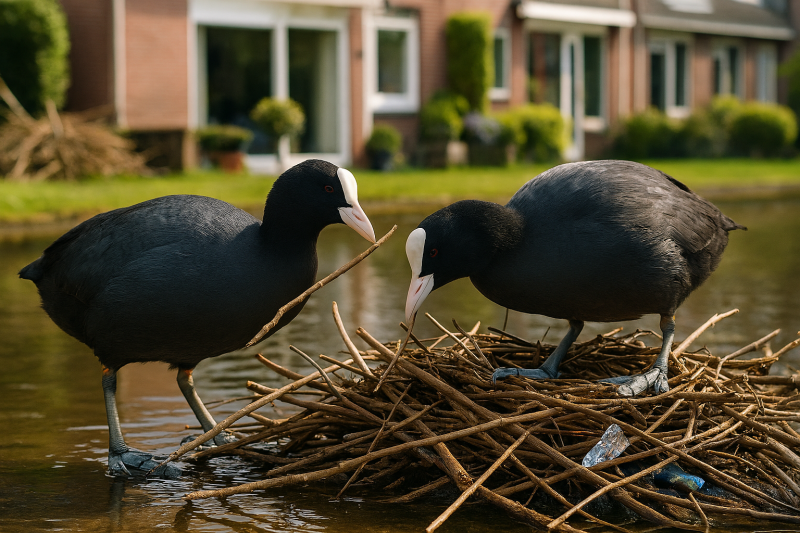 Afbeelding van meerkoeten die een nest aan het bouwen zijn.