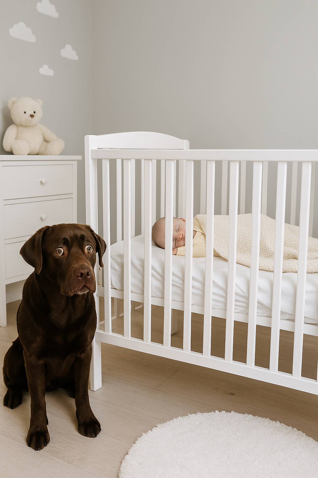 Afbeelding van een hond met een baby.