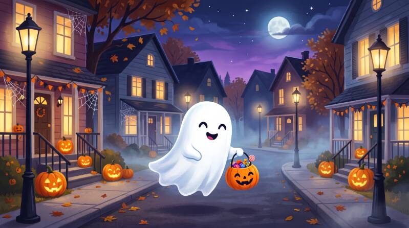 Vrolijke spook dat snoep ophalt tijdens Halloween.