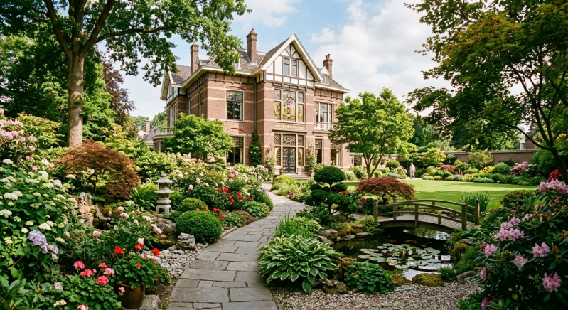 Oud huis met glas-in-loodramen en een grote Japanse tuin.