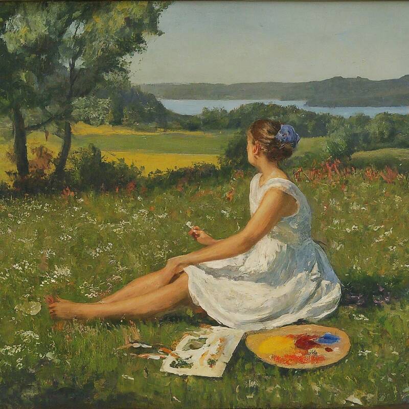 Vrouw die op het gras zit.