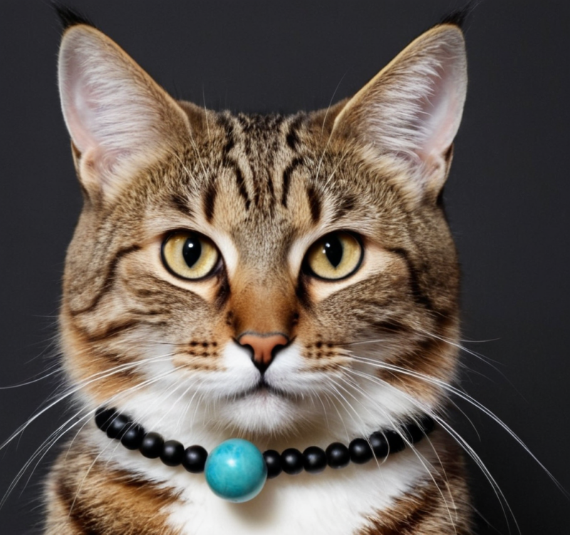 Kat met kralenhalsband om haar nek.