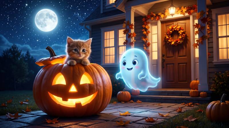 Kitten in een pompoen met een lief spookje ernaast.