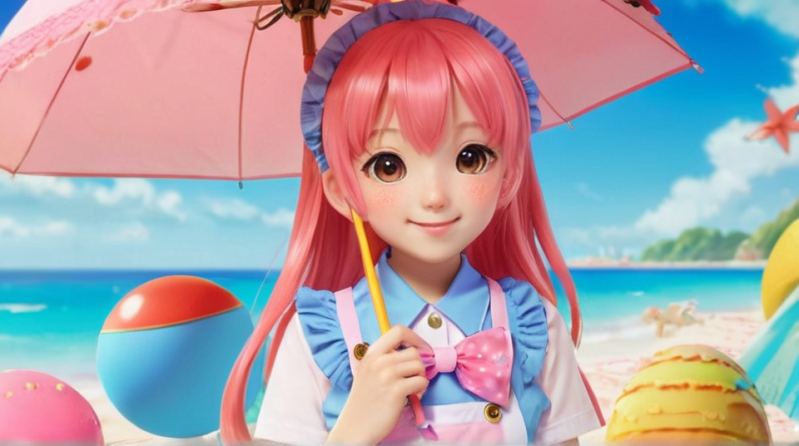 Meisje met parasol op strand.