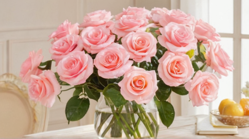 Vaas met rose bloemen.