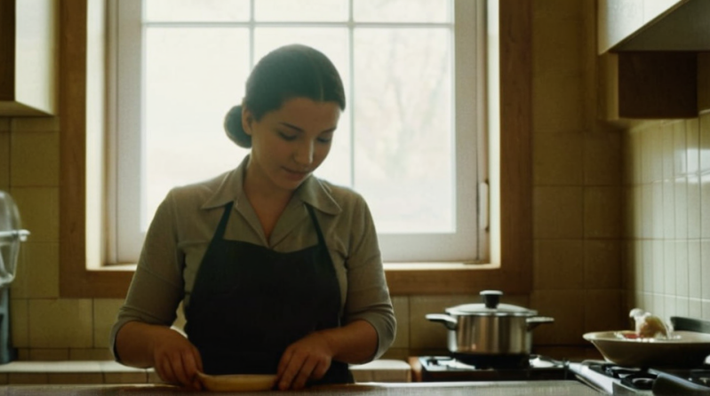 Vrouw is aan het koken.