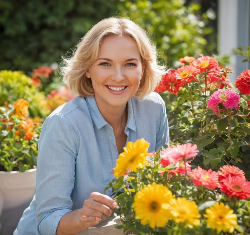 Vrouw in tuin.