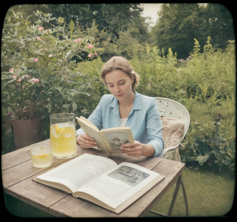 Vrouw leest een boek in de tuin.