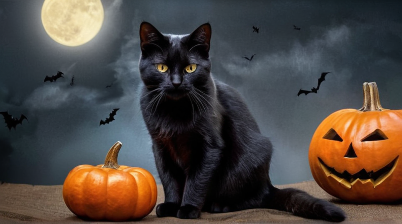 Zwarte kat met pompoenen en vleermuizen.