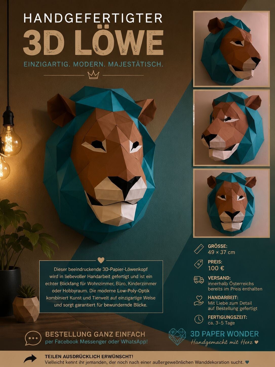 🦁 3D Löwenkopf Wanddekoration