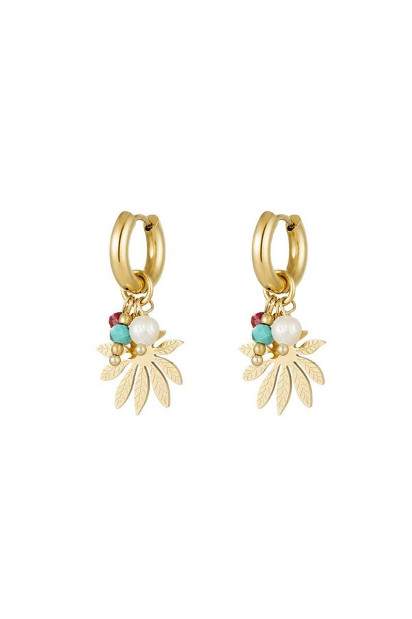 Oorbellen bloem met kralen goud Stainless Steel
