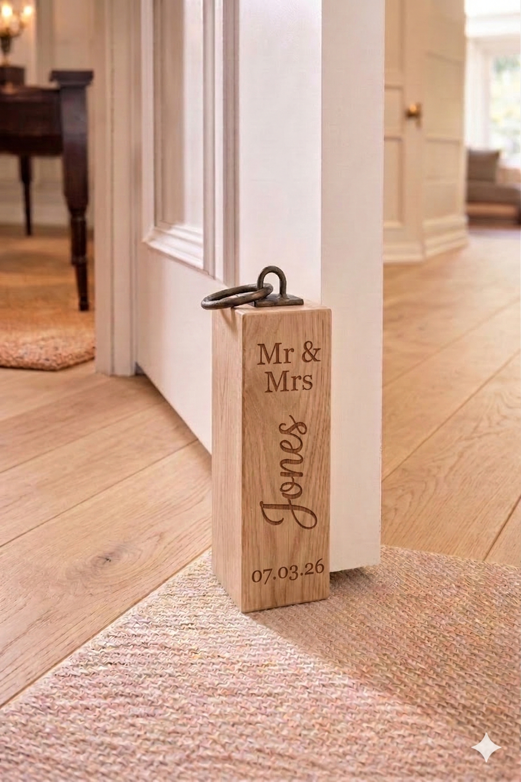 Unique personalised solid wood custom door stops, wedding/new home gift