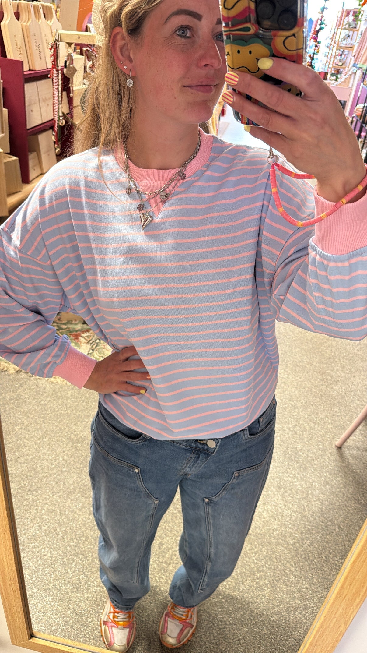 Sweater streep Azzurro - lichtblauw/roze