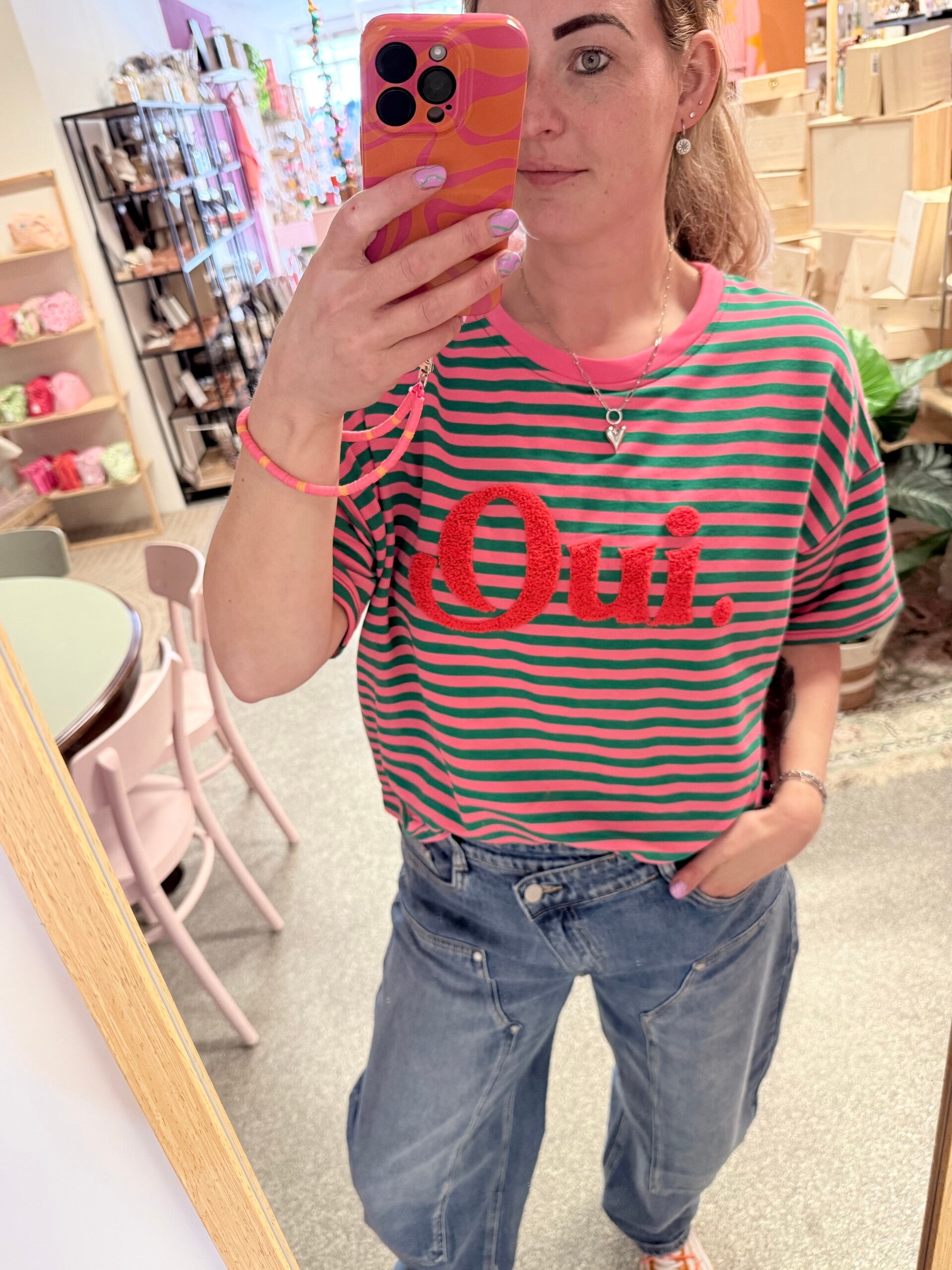 Oui streep shirt groen/roze