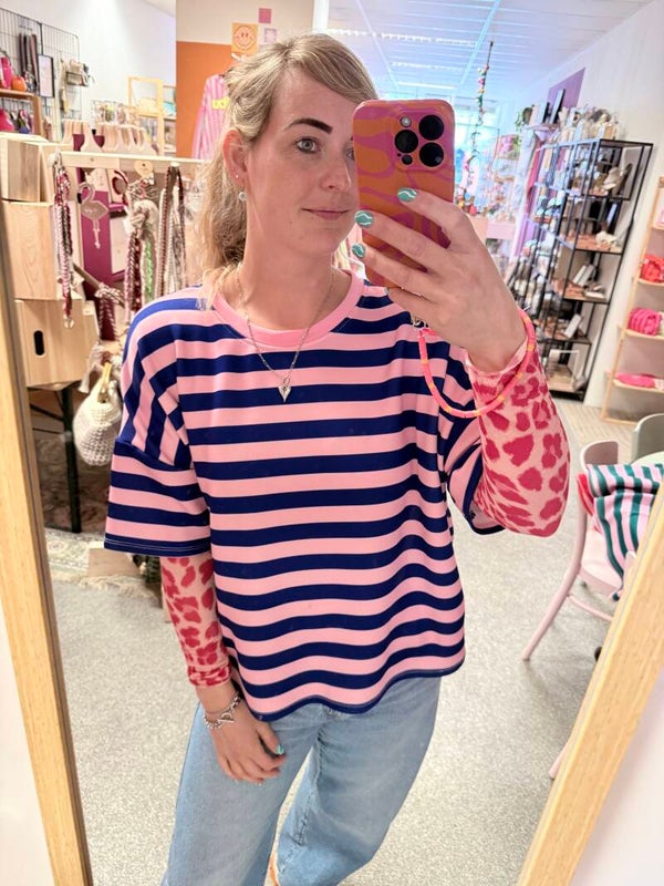 T-shirt streep blauw/roze
