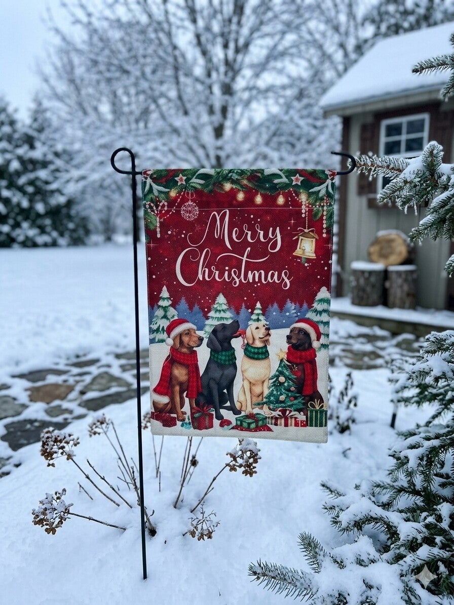 Christmas Garden Flag – Labradors & Highland Cow | 18" x 12"