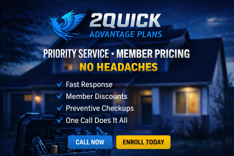 2QUICK Advantage Plans hero image of a home at night with toolbox representing priority service and member pricing in Panama City Florida