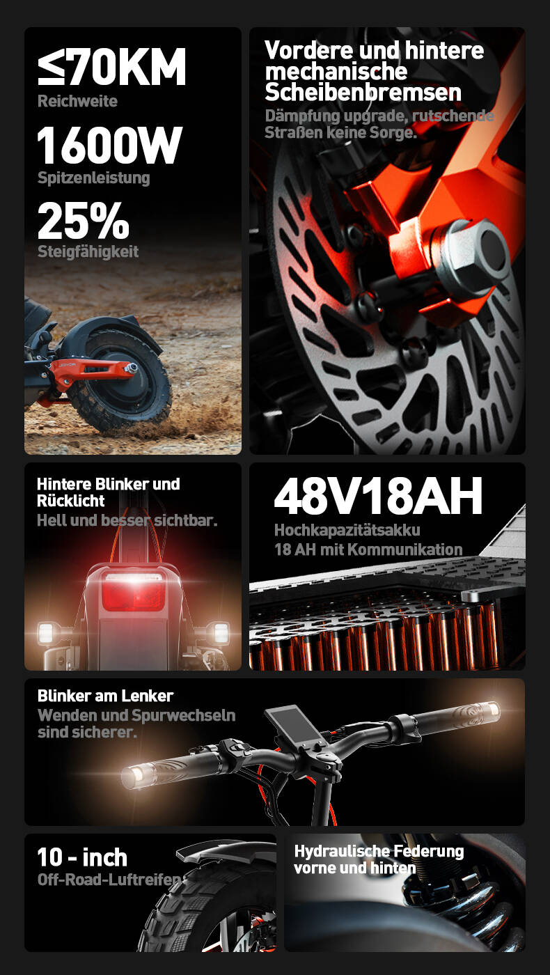 Joyor T6e E-Scooter Reichweite, mechanische Scheibenbremsen, Rücklicht, Lenkerendenblinker, hydraulische Federung
