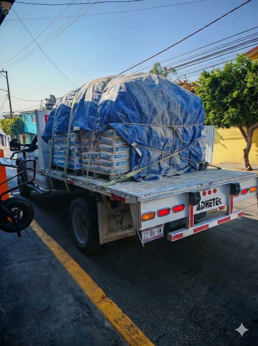 Camión cargado con material preparado y cubierto, listo para entrega en obra