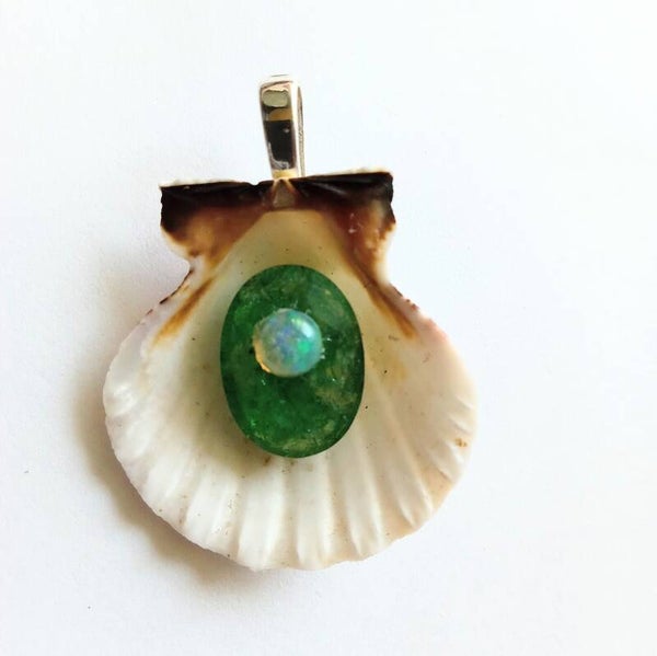 Natural Emerald with Opal in Shell Pendant