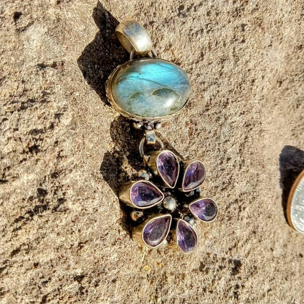 Natural Labradorite and Amethyst Pendant