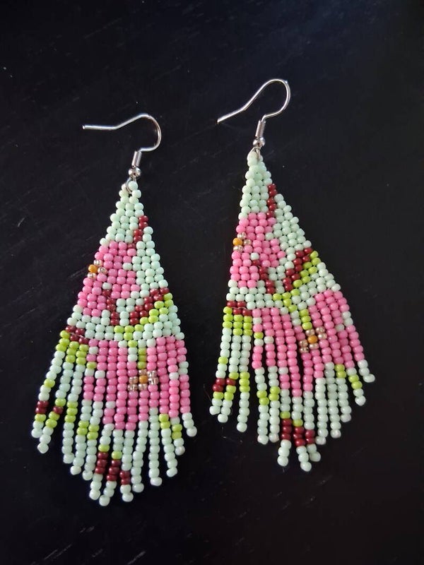 Geometric Green and Pink Beaded Earrings
