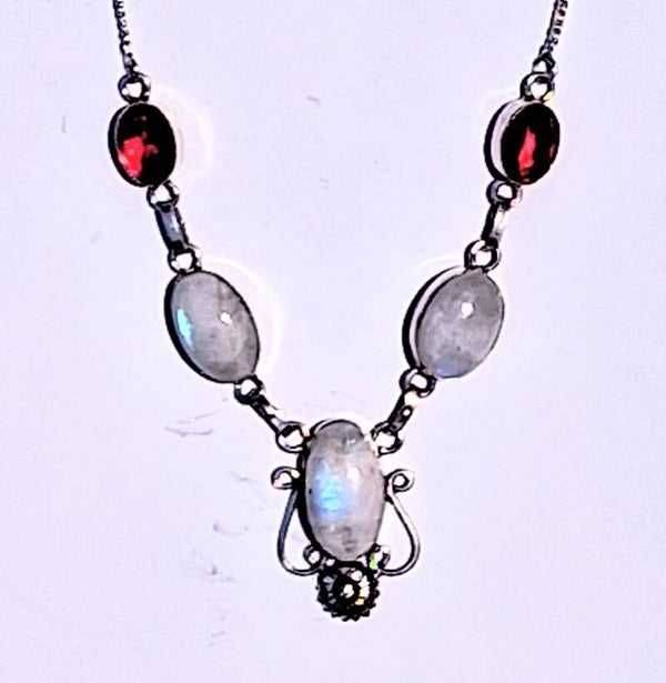 Moonstone anx red quartz necklace set in sterling silver