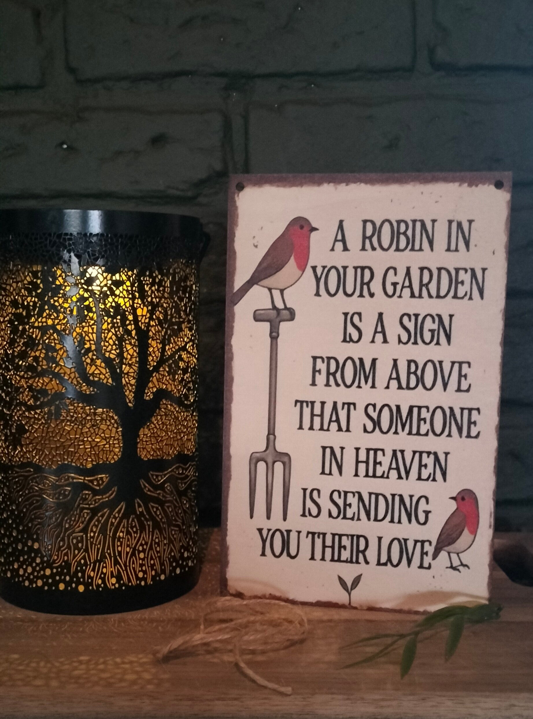 Wandbordje van hout met Roodborstje